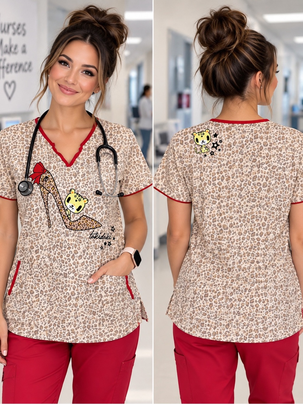 Koi by tokidoki Women’s Large Leopard Print Nurse Scrub Top – Graphic